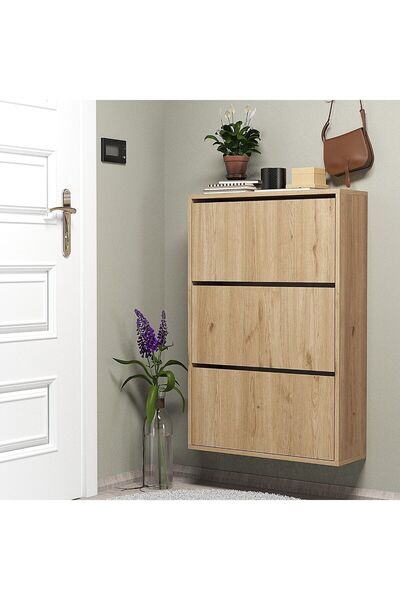 ROEWOOD Ayakkabılık Düşer Kapak 3 Bölmeli Kayar Raflı Sepet Rengi