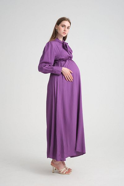 KATLİN MATERNİTY WEAR Maternity Striped Long Dress - Elastic Waist and Laced Collar Detail