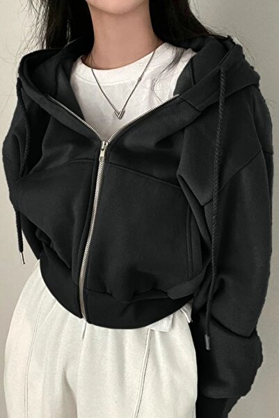 Köstebek Siyah Crop Top Kalın Kumaş Fermuarlı Kapüşonlu Sweatshirt