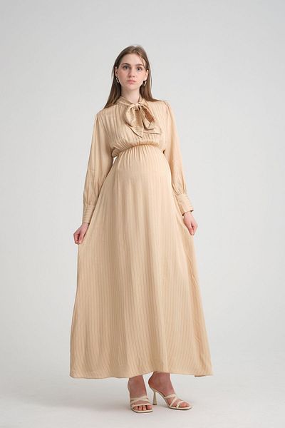 KATLİN MATERNİTY WEAR Maternity Striped Long Dress - Elastic Waist and Laced Collar Detail