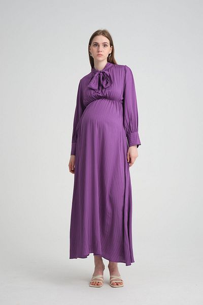 KATLİN MATERNİTY WEAR Maternity Striped Long Dress - Elastic Waist and Laced Collar Detail