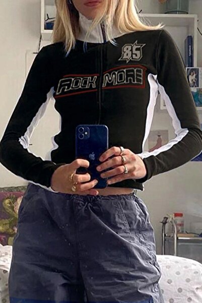 Köstebek Siyah Retro Rock More Fermuarlı Crop Hırka