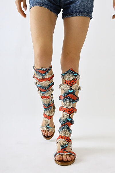 Limoya Lilith White-Colored Snakeskin Patterned Below-The-Knee Gladiator Women's Sandals Opportunity Product