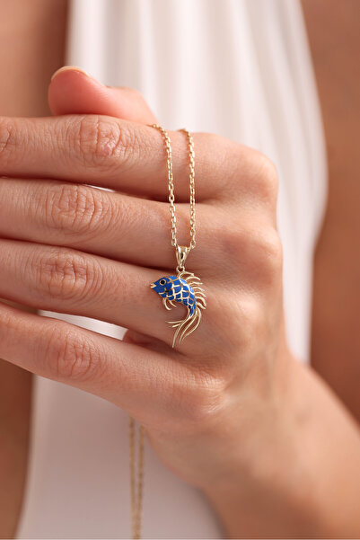 Gianfranco 14 Ayar Altın Pastel Mavi Mineli Balık Kolye Ucu