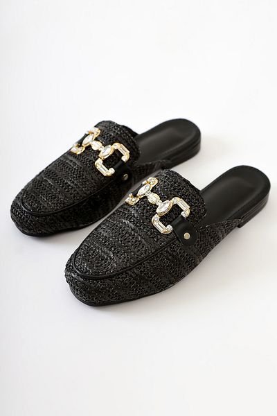 Limoya Benny Black Stone Buckle Detailed Straw Women's Slippers