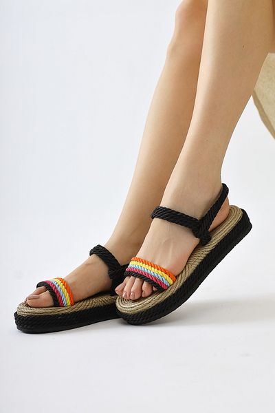 Limoya Velika Black - Multicolored Thick Soled Rope Women's Sandals
