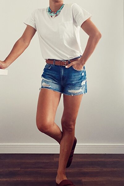 ASHCO Koyu Mavi Yırtık Detay Kot Şort