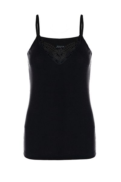 TOLIN Women's Black Laced Tank Top - 100% Cotton, Rope Strap 1222s