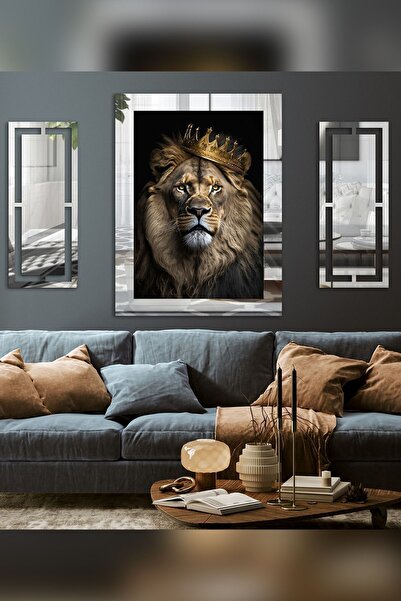 Evinemoda Aslan Kral Premium 3 Parça Gümüş Pleksi Aynalı Yan Dekorlu Tablo