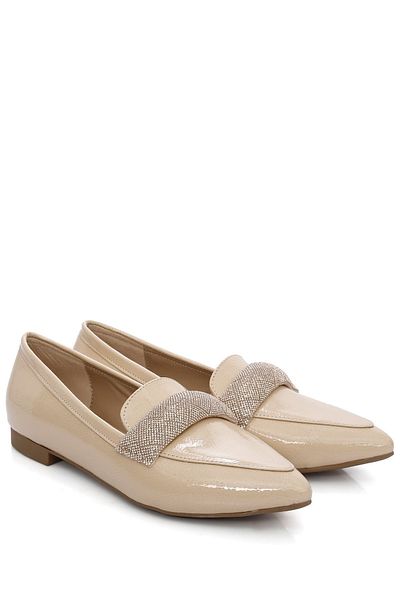 GÖNDERİ(R) Nude Patent Leather Pointed Toe Short Thick Heeled Stoned Women's Ballerinas 35309