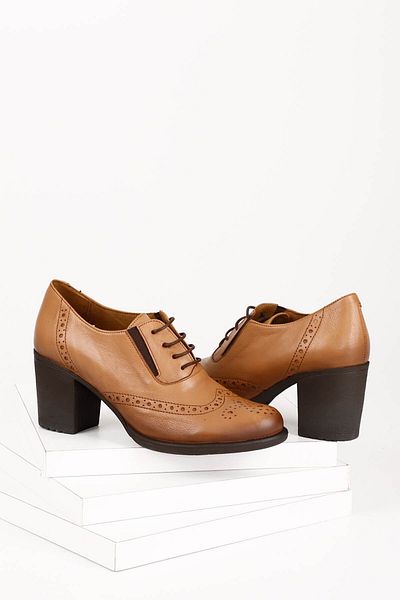 GÖNDERİ(R) Women's Light Tan Laced Medium Thick Heeled Genuine Leather Oxford Shoes