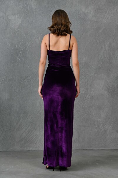 vuvutasarım Fioletowa aksamitna tkanina z kołnierzykiem i rozcięciem, szczegółowa sukienka maxi 582689