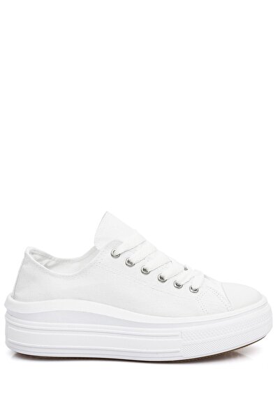 GÖNDERİ(R) White Linen Laced Women's Linen Casual Sports Flat Sole Sneaker 35144