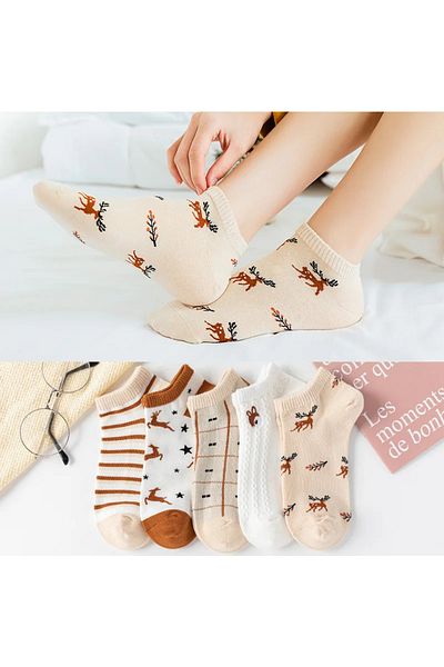 İbrahim Berk 5 Pairs Women's Ankle Length Colorful Deer Patterned Booties Socks Set 5 Pieces