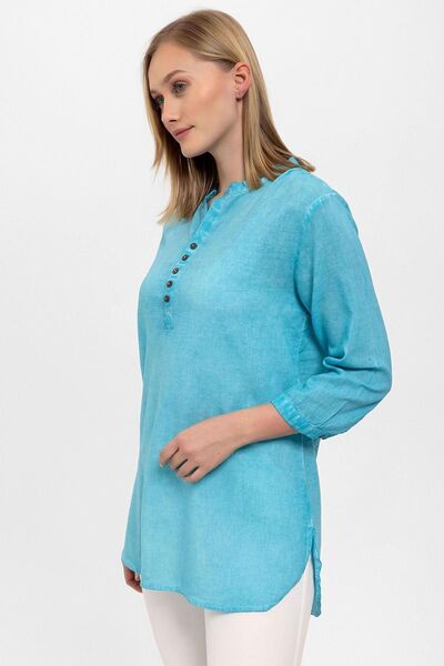 Deriderim Блузка з круглим вирізом, синя, бавовняна - з рукавами-крильцями та ґудзиками