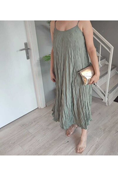 Elizar Moda فستان مجعد باللون الأخضر الكاكي