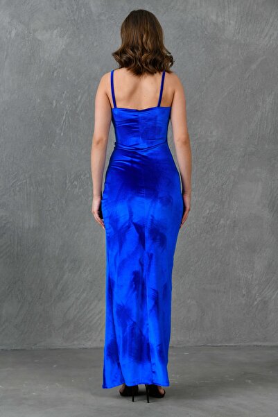 vuvutasarım Saks kék bársony szövetből készült maxi ruha lapát nyakkal és hasítékkal 582689