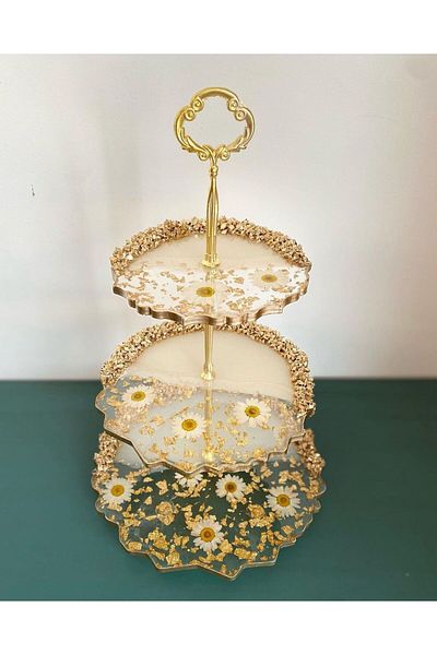 Sultan Tasarım Three Layer Epoxy Cookie Holder - Daisy and Gold Leaf