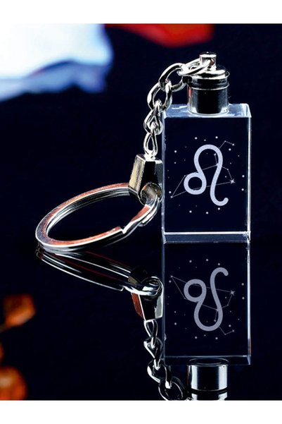 MERTKRİSTAL Glass Keychain with Leo Zodiac Sign Logo, Lighted Keychain, 2D Blasting Keychain, Led Keychain