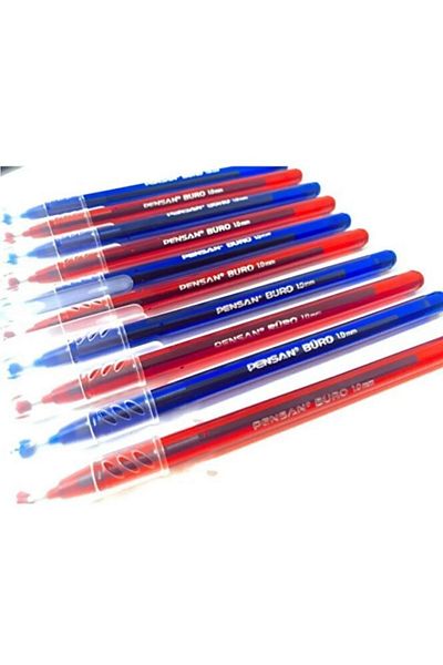 Pensan Office 1.0 mm Ballpoint Pen 5 Red Pens + 5 Blue Pens (Total 10 Pieces)