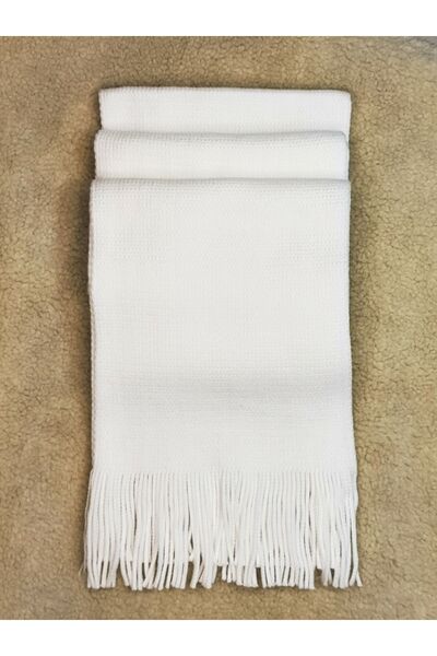 Senbeno Design Püsküllü Düz Beyaz Atkı