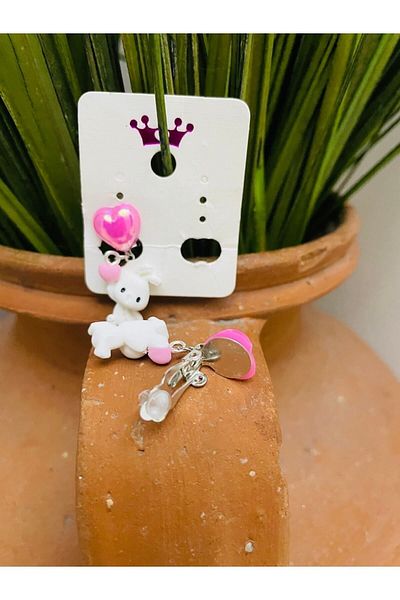1PARÇAMAVİ White Rabbit with Heart Hanging Clip Children's Earrings - Non-Perforated Earrings