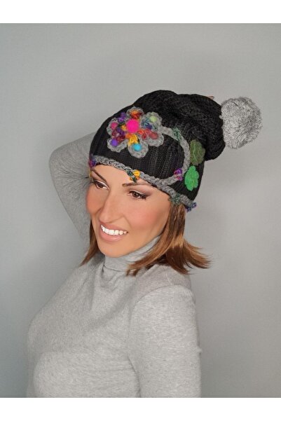 Senbeno Design El Örgü Çiçek Motif Işlemeli Özgün Tasarım Ponponlu Uzun Triko...