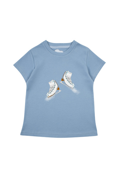 Bubuga Kız Çocuk %100 Pamuk Gök Mavi Buz Pateni Baskılı Kısa Kol Tshirt