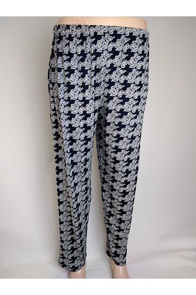 YAŞAR TRİKO Navy Blue Patterned Viscose Women's Bottom Clothing - Double Pocket, Elastic Waist, Summer Door