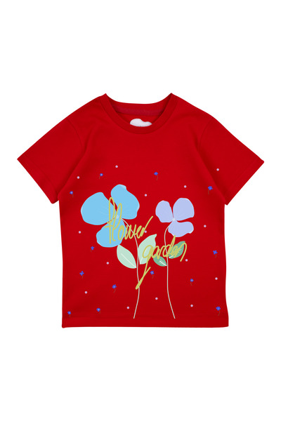 Bubuga تي شيرت بناتي بأكمام قصيرة مطبوع عليه زنبق أحمر 100% قطن