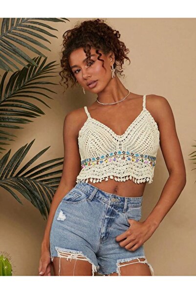 TEMU Boncuk taş aksesuarlı kadın bluz