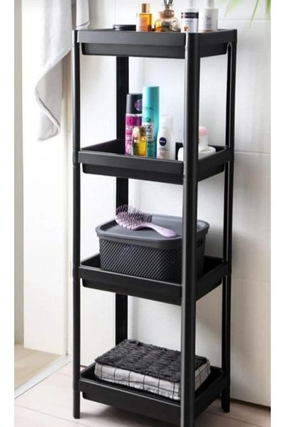 Carpekitchen Unitate de rafturi pentru baie și bucătărie cu 4 niveluri Organizator negru pentru baie și bucătărie Suport pentru șampon, dulap, dulap