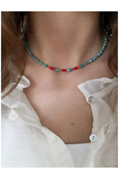 Serline Desing قلادة نسائية بتصميم من الحجر الطبيعي المرجاني الفيروزي