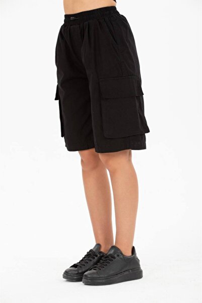 Justin Bermude negre unisex - cu elastic reglabil și buzunare cargo