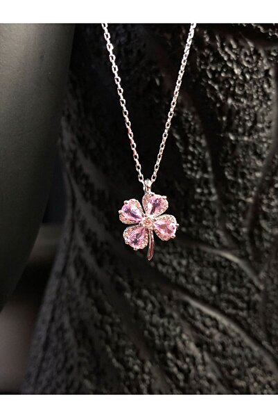 vogutima Gümüş Kolye - Pembe Damla Taşlı 4 Yapraklı Yonca 925 Ayar Gümüş Sevg...
