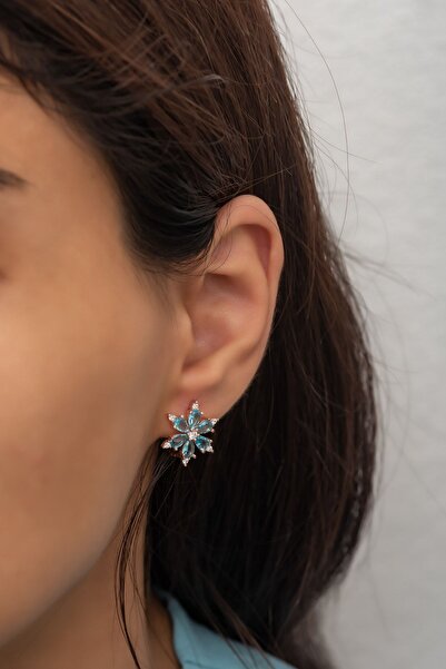 Nereze Vog Kadın 925 Ayar Gümüş Aquamarin Taşlı Çiçek Roze Renk Küpe