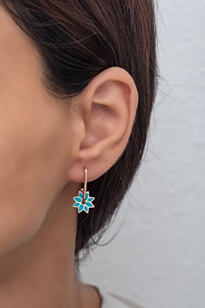 Nereze Kadın 925 Ayar Gümüş Turkuaz Mineli Rüzgar Gülü Roze Renk Küpe