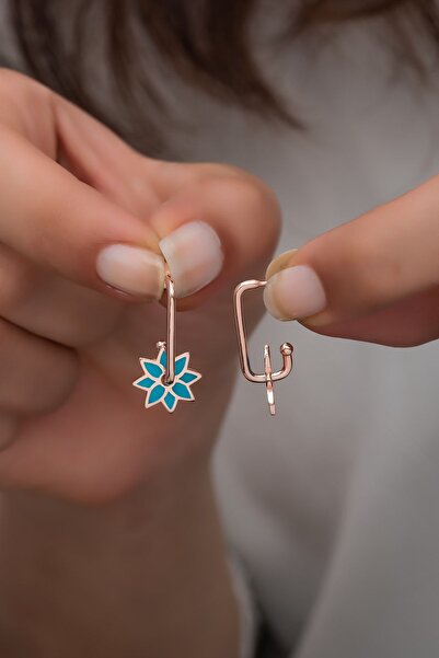 Nereze Kadın 925 Ayar Gümüş Turkuaz Mineli Rüzgar Gülü Roze Renk Küpe