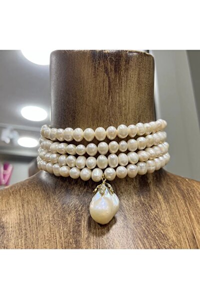 vogutima Choker Gerçek 4 Sıra Gerçek Inci V Barok Incili Düğün Nişan Söz Fant...