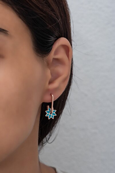 Nereze Kadın 925 Ayar Gümüş Turkuaz Mineli Rüzgar Gülü Roze Renk Küpe