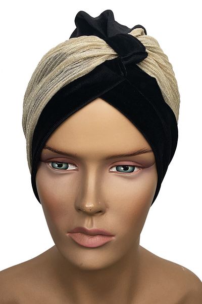 Vera Bone Efruz Ready Turban Cross Banded Lined Hijab Bone Μαύρο βελούδινο γκλίτερ Λεπτομερές γυναικείο μπονέ