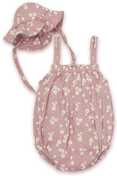 bebizu Papatya Desenli Askılı Alttan Çıtçıtlı Tulum Ve Bağcıklı Şapka