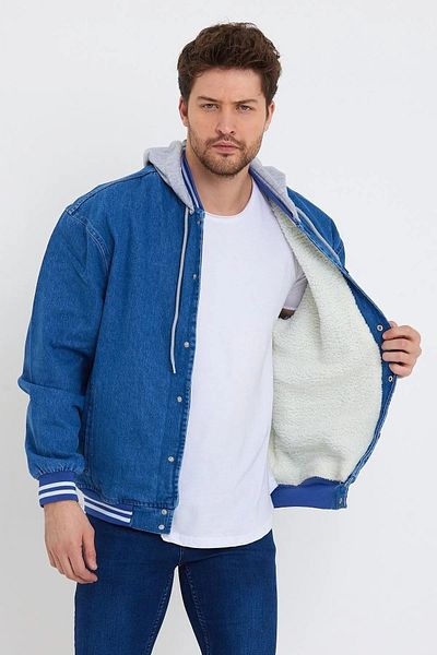 DAMGA JEANS Γούνινο Κολεγιακό Παλτό Μπλε με Κουκούλα