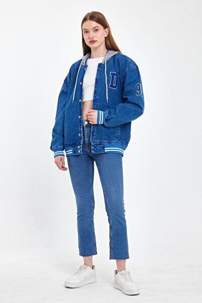 DAMGA JEANS Kadın JeanComfort Oversize Pamuklu Kapşonlu Kot Kolej Ceket