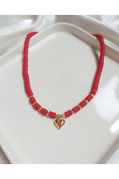 Stoneday Red Fimo Bead Gold Detailed Heart Design Bead Necklace