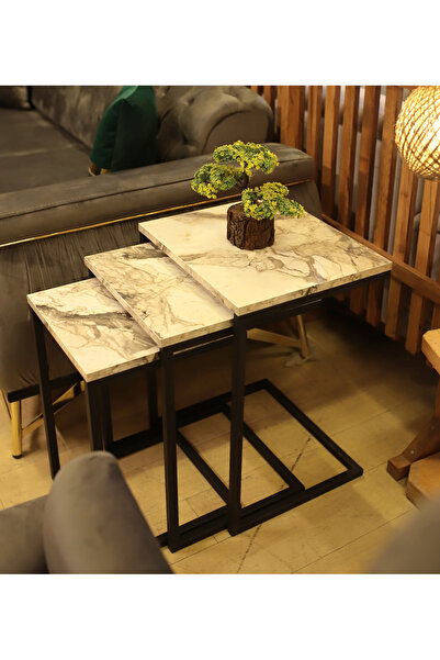 ATS Dekor Endüstriyel Tasarım 3’lü Zigon Yan Ve Koltuk Sehpa Sehpası.