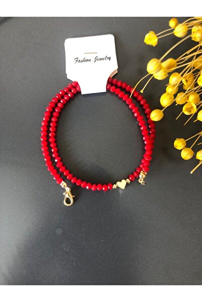 Stoneday Red Crystal Beaded Plated Gold Heart Detailed Bead Necklace