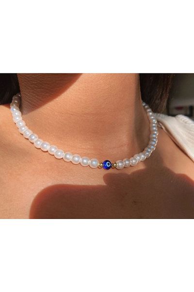 Stoneday Special Design Pearl Necklace with Blue Evil Eye Bead Detail with Pearls