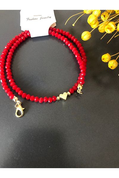 Stoneday Red Crystal Beaded Plated Gold Heart Detailed Bead Necklace