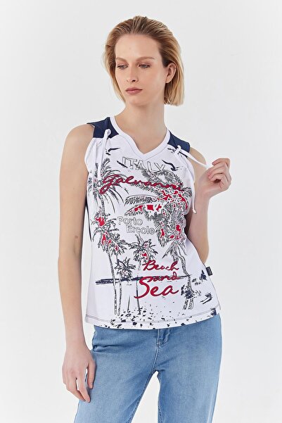 Kadın Beyaz T-shırt - Melısva White Multi